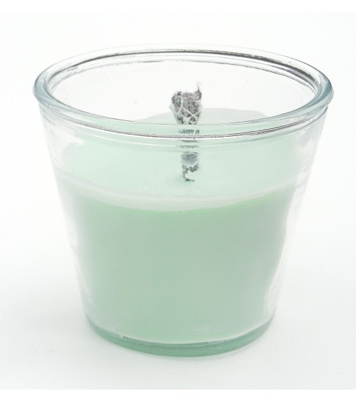 Bougie extérieure vert pastel en pot en verre