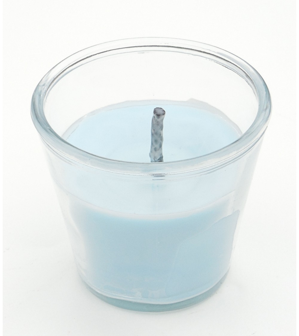 Bougie extérieure bleu pastel en pot en verre