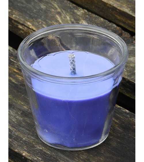 Bougie extérieure gris violette en pot en verre