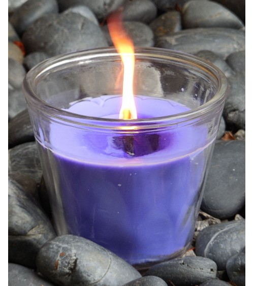 Bougie extérieure gris violette en pot en verre